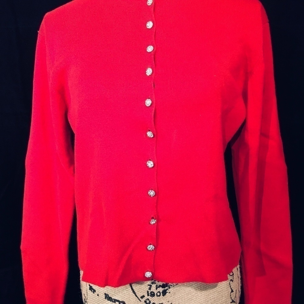 ERIK STEWART 100% Cotton Cardigan, RED with Jeweled Buttons, Women’s Size Large